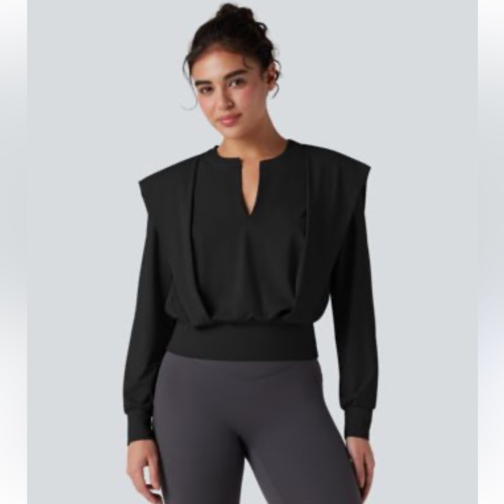 HALARA Yoga Notched Short Sleeve Top Black XL New
